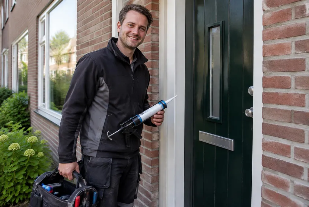 Vakman van Kitbedrijf Scherpenzeel bij de voordeur van een woning